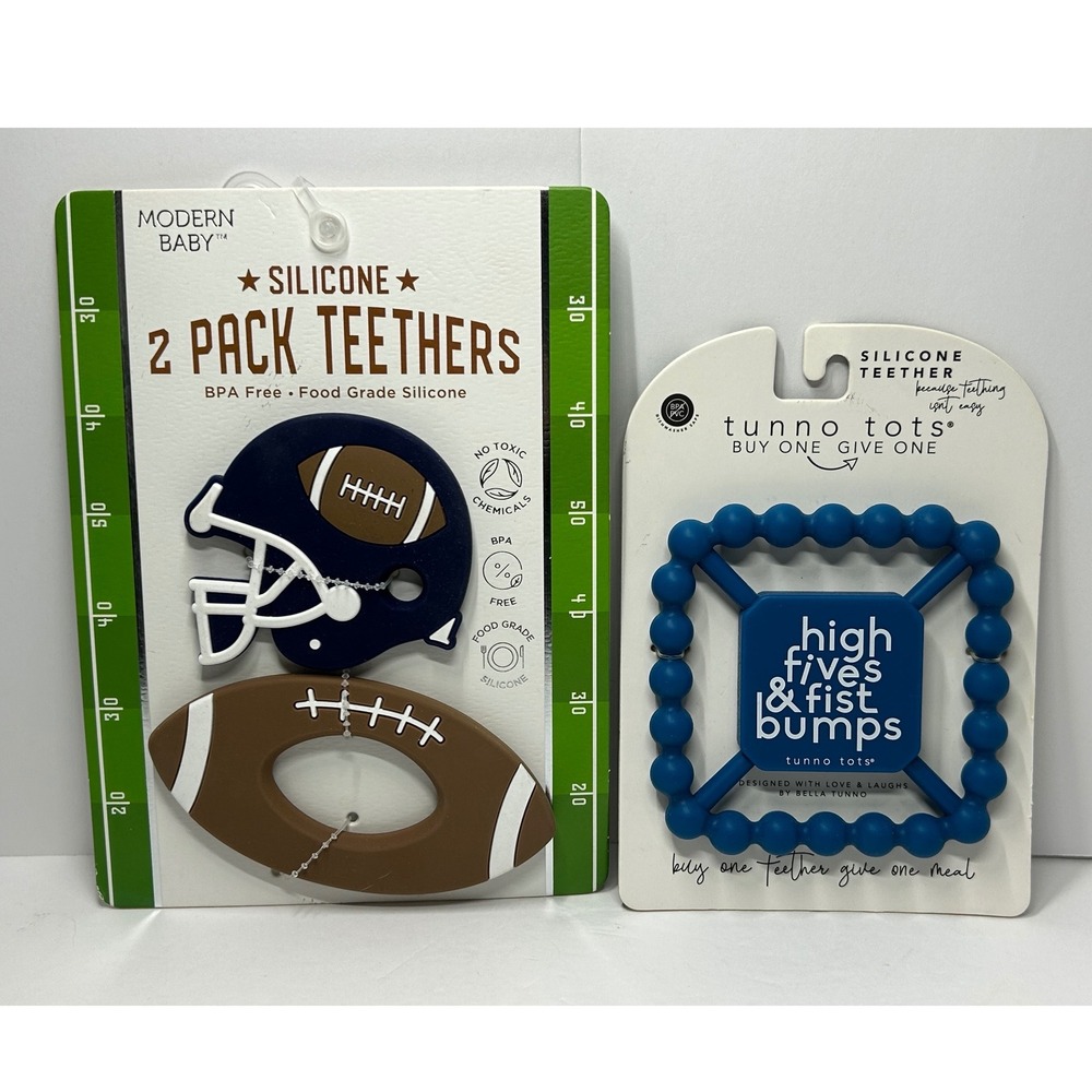 Modern Baby Football Silicone Teethers 2 Pack & Tunno‎ Tots Blue Teether Bundle